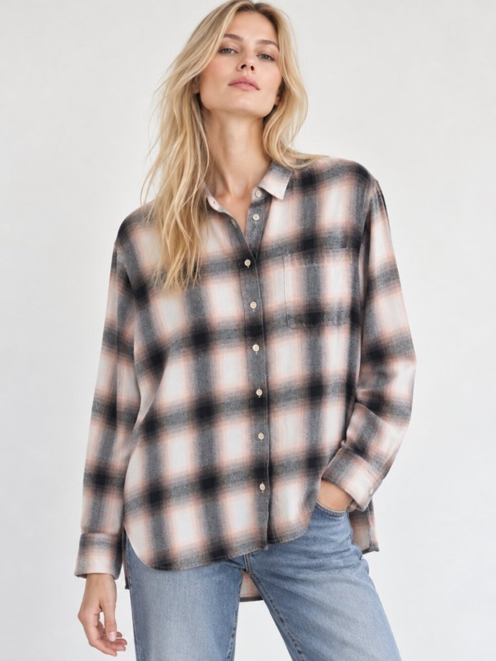 Madewell Plaid Flannel Button Down Shirt Top Pastel Pink Black Cream Cotton S
